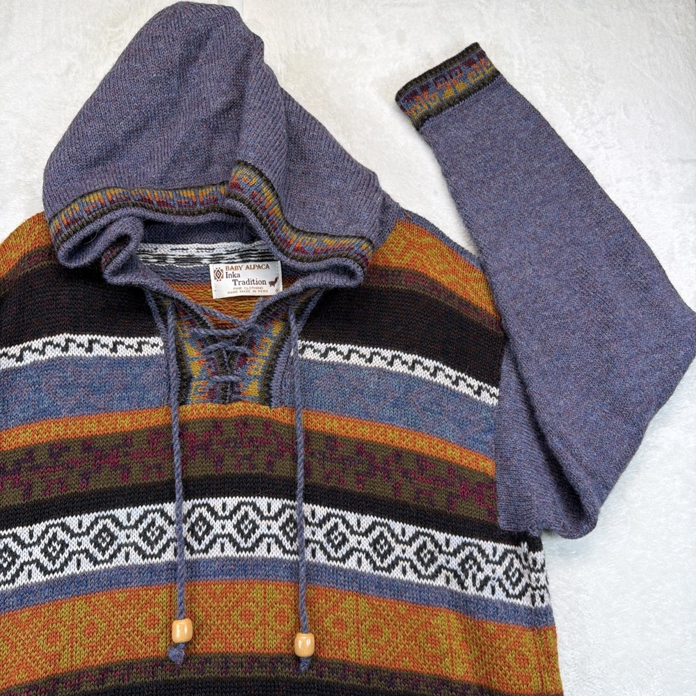 Inka Tradition Baby Alpaca Hooded Sweater Peru Aztec Fair Isle Pullover